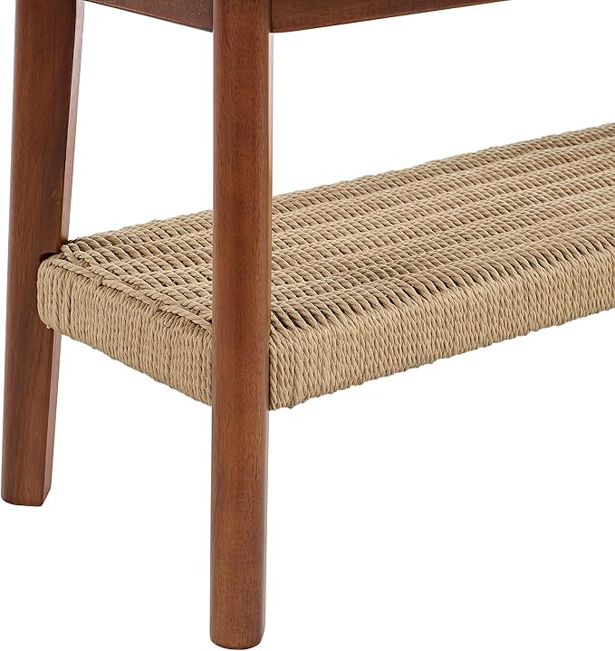 Alaterre Furniture Calais 48 Inch Solid Wood Entryway Bench with Woven Storage Shelf – Mid Century Modern 2-Tier Shoe Bench for Living Room, Hallway or Foyer (Chestnut)