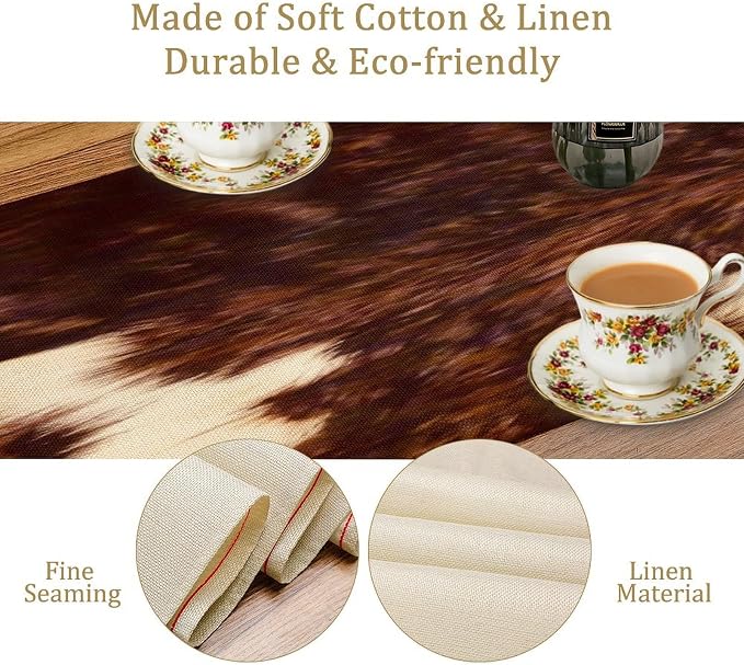 Cow Skin Print Table Runner, Rustic Farmhouse Cottage Animal Fur Skin Western Style Brown Wild 3D Cowhide Print Dinner Runner Table Decoration for Home Kitchen Dining 13x120 Inch