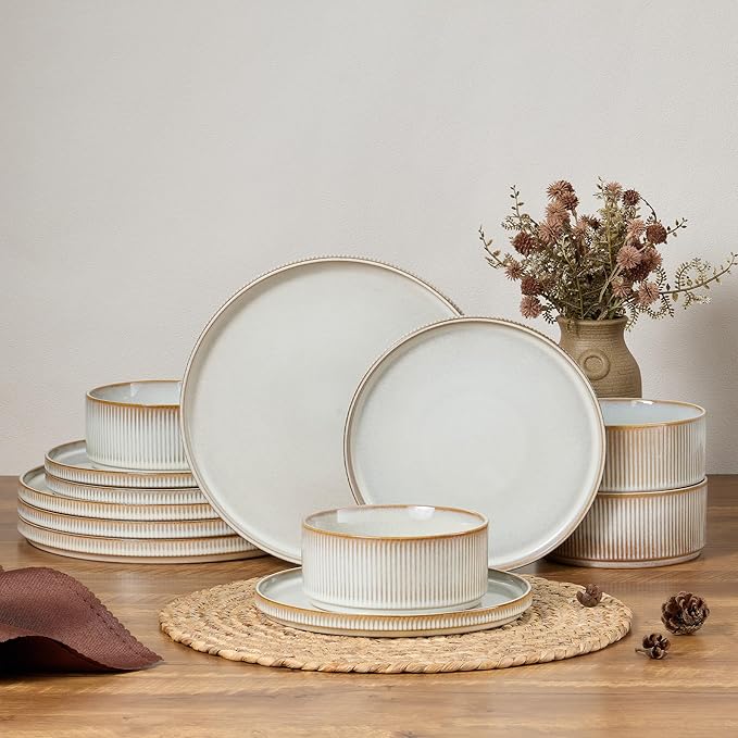 E-far 12-Piece Plates and Bowls Sets, Stoneware Dinnerware Dishes Sets for 4, Kitchen Modern Dining Dishware, Chip & Scratch Resistant, Microwave & Dishwasher Safe, Creamy Beige