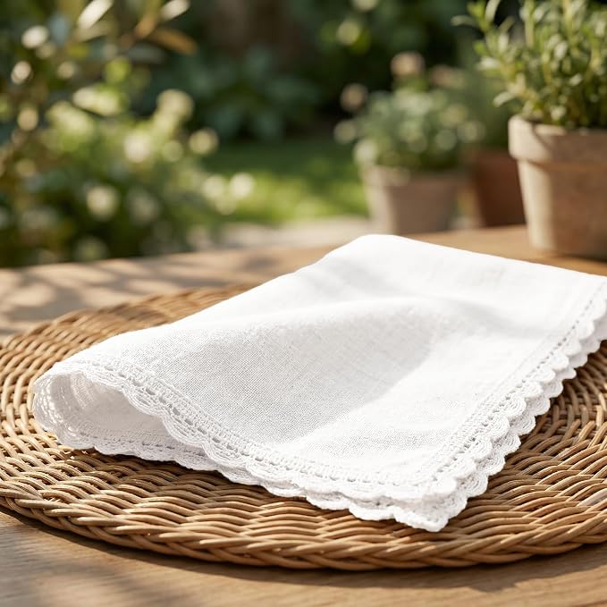 Flax Lace Cloth Dinner Napkins Set of 12 White - 20x20 Inches, Decorative Premium Cotton Linen Dinning Table Napkin Ideal for Wedding,Cocktail Party | Soft Durable Neutral Napkins for Mother's Day