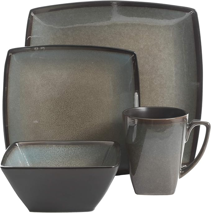 Gibson Elite Tequesta Square Reactive Glaze Stoneware Plates and Bowls Dishes Dinnerware Set, Service for 4 (16pcs), Taupe