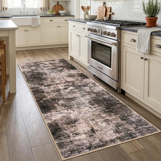 IOHOUZE Abstract Runner Rug 3x7 Ft Washable Runners for Hallways, Non Slip Kitchen Runner Printed Faux Wool Entryway Runner Indoor, Modern Abstract Floor Carpet for Hall Kitchen Bedroom, Brown/Rust