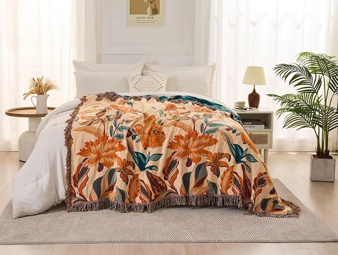 Boho Throw Blanket for Bed 100% Cotton Bohemian Blankets Ultra Soft Woven Muslin Decorative Blankets All Seasons Vintage Quilt Knitted Blanket for Sofa Chair(Orange, 60"x80")