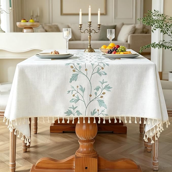 Laolitou Cotton Linen Spring Tablecloth for Dining Waterproof Rustic Farmhouse Kitchen Rectangle Table Cloth Coffee Table Cover, Beige, Green Coffee Flower, 55x102 Inch