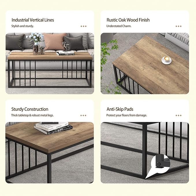 FOLUBAN Modern Coffee Table, Minimalist Wood and Metal Center Table for Living Room, Oak, 43.3 Inch