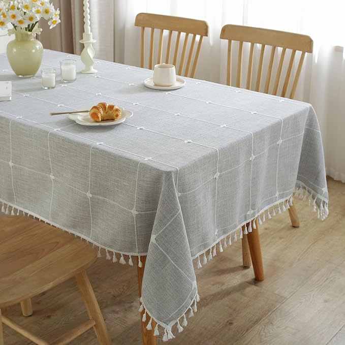 JIALE Rectangle Table Cloth, Heavy Duty Cotton Linen Waterproof Tablecloths Farmhouse Tablecloth, Soft and Wrinkle Free Table Cover with Tassels, 55''x70'', Grey Gingham