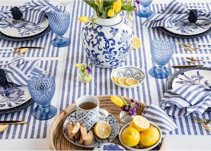 Solino Home Linen Table Runner 144 Inches Long - Amalfi Stripe, 100% Pure Linen Navy and White Table Runner 14 x 144 Inch for Dining, Summer, 4th of July