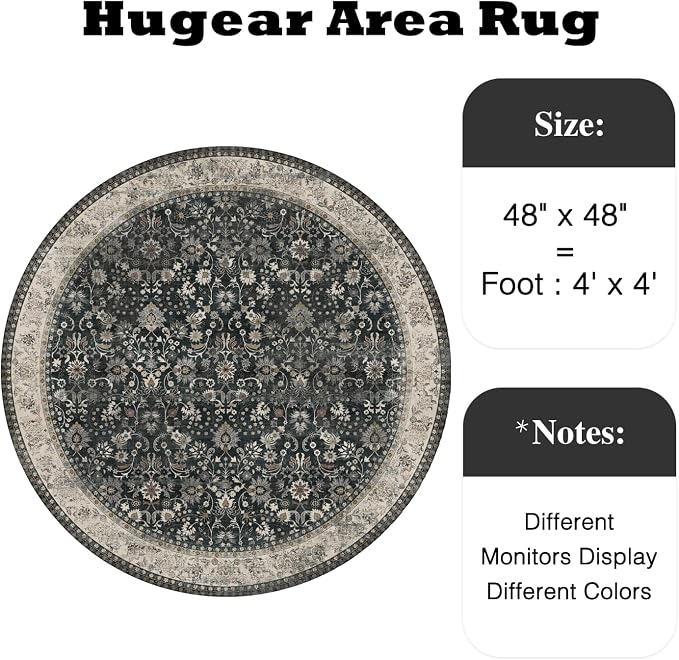 HUGEAR Round Rug 4ft Entryway Rugs Machine Washable Black Beige Hallway Area Rug 4x4 Small Circle Accent Rug Floral Low Pile Carpet Soft Throw Rug Living Room Office Laundry Room Entrance Non Slip