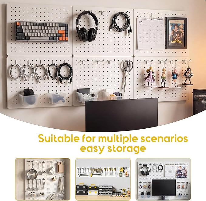 Peg Board for Tools, 4 Pack Metal Pegboard Wall Organizer with Hooks,16"×12" White Pegboard Panels for Walls Home, Garage Tool Storage, Kitchen, Office Organization, Craft Room