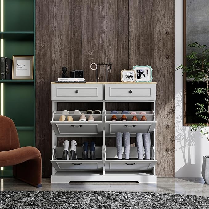 Locsear Shoe Storage Cabinet with 4 Flip Drawers, 2 Drawers, Freestanding Shoe Cabinet Organizer with Adjustable Shelf for Entryway, Foyer, Slim Shoe Cabinet-Antique White