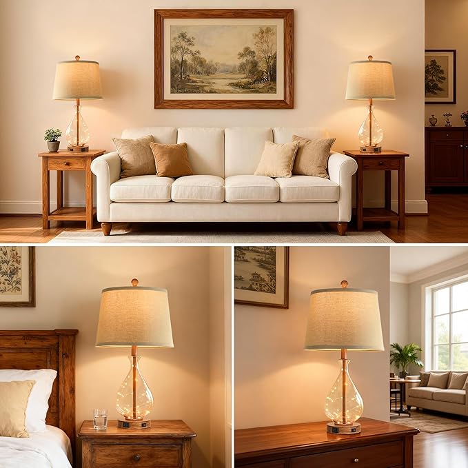 QiMH Farmhouse Table Lamps Set of 2 with Night Light, Mid Century Modern Bedside Lamps for Living Room, Glass Nightstand Lamp with USB A+C Ports, Rustic Vintage Table Lamp for Bedroom, Bulbs Included