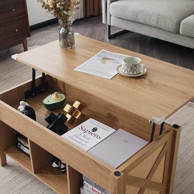 VINGLI Farmhouse Lift Top Coffee Table, Rustic Grey with Storage Shelf/Hidden Compartment, Mesa De Centro para Sala, Rustic Brown (Rattan Natural, 40" L)