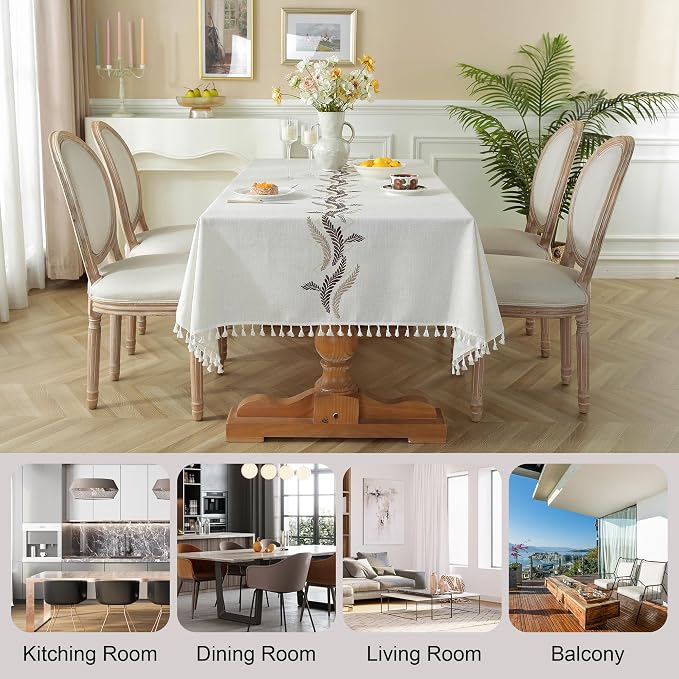 JIALE Tablecloths for Rectangle Tables, Cotton Linen Table Cloth Waterproof Tablecloth Wrinkle Free Farmhouse Dining Tables Cover, Soft Fabric Table Cloths with Tassels, Beige, 55" X 55", 2-4 Seats