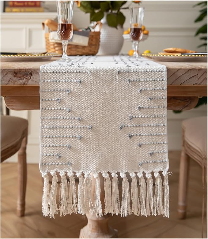 Boho Table Runner 13 x 108 Inch Long Natural Cotton Woven Runner with Tassels for Home Dining Table décor, for Modern Farmhouse Decor Coffee Table Runner, Grey and Beige