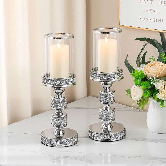 Hurricane Candle Holder, 13.5" Tall Metal Candle Stand, Glass Pillar Candle Holders, Crystal Silver Decorative Centerpieces for Table, Wedding and Dining Room (Fits Candles up to 3"x5", 2pcs, M)