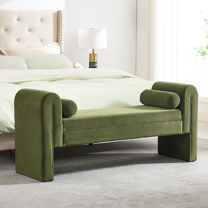 60.5" Velvet Storage Bench, Vintage Upholstered Rolled Armed Button Tufted Stool Bench for Bedroom, Living Room, Entryway, Hallway, Dressing Room (Green)