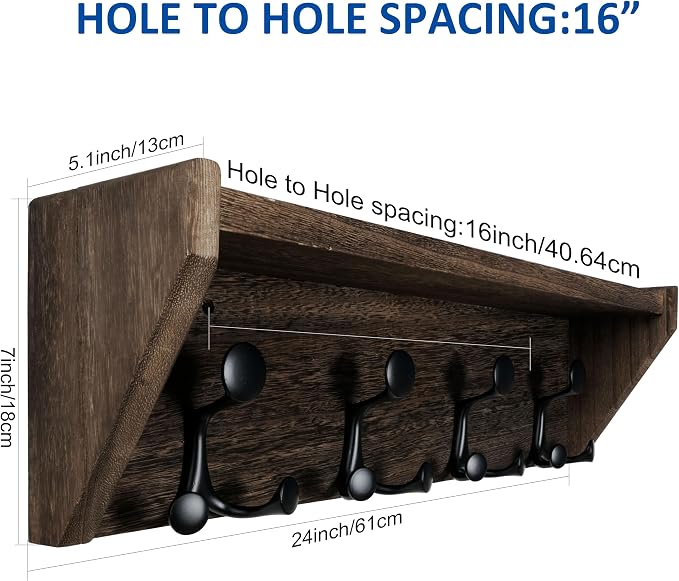 WEBI Wall Shelf with Hooks Underneath,24" Long Wall Mounted Coat Rack with Shelf,Entryway Coat Rack with 4 Triple Hooks for Hanging Coats,Jacket,Hallway,Bedroom,Mudroom,Weathered Brown
