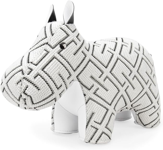 Zuny Artist Edition Classic Hippo Bookend, Kvadrat K-Grid White Checkered Textile Home Decor, Handmade Stitched Leather Heavy Duty Single Book Stopper for Shelves Desk, 10.4 x 4.3 x 7.4
