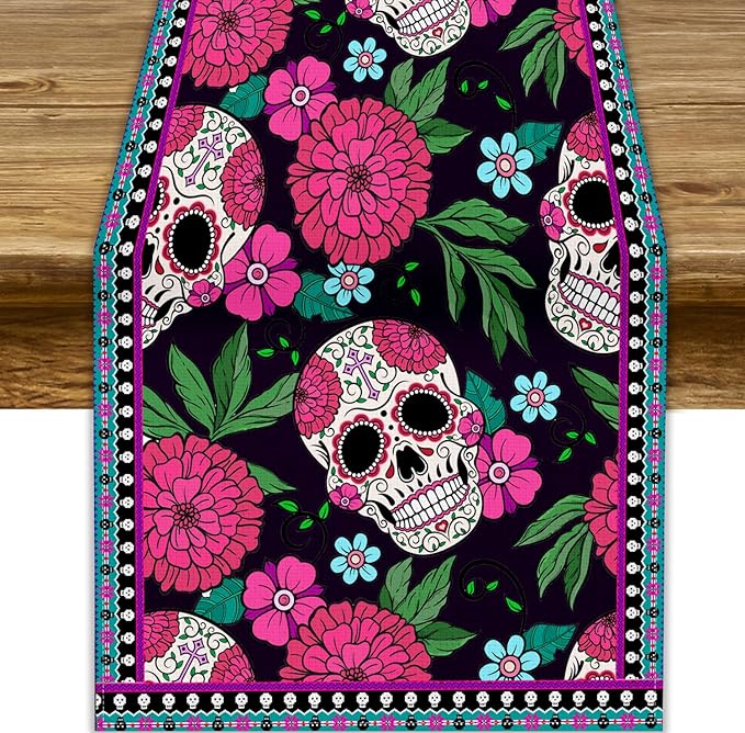 YCness Dia De Los Muertos Table Runner Red Floral Cinco De Mayo Rustic Linen Mexican Sugar Skull Day of The Dead Altar Decoration for Home Kitchen Dining Room, 13x36 Inch Black