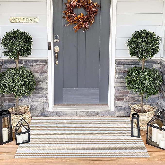 Khaki and White Striped Outdoor Rug 24'' x 51'' Front Porch Rug Hand-Woven Machine Washable Indoor/Layered Door Mats for Entryway/Bedroom