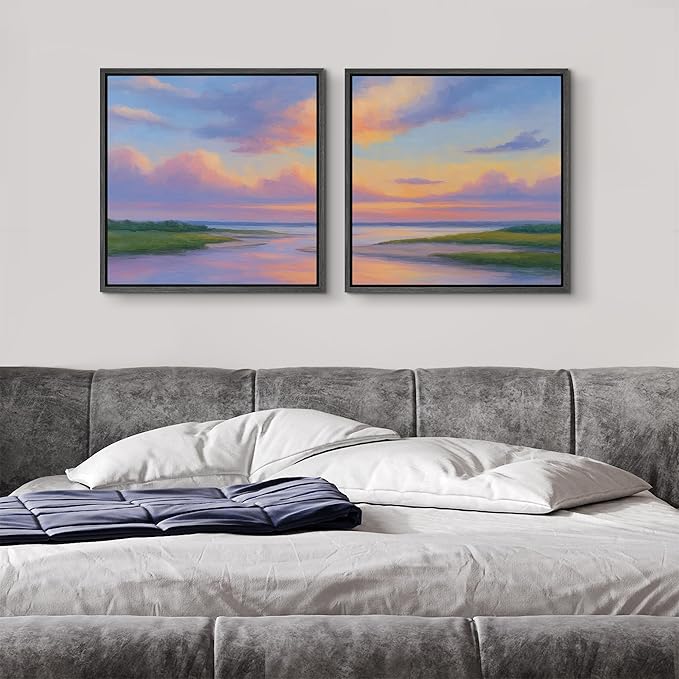 SIGNFORD Framed Canvas Print Wall Art Set Pastel Sunset Coastal Landscape Soft Color Horizon Modern Art Relax/Calm for Living Room, Bedroom, Office - 16"x16"x2 BLACK