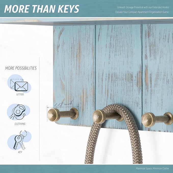 Rebee Vision Small Key Holder Wall Mount for Farmhouse Decor - Key and Mail Holder for Wall with Shelf and 4 Key Hooks - Room Decor Aesthetic (Distressed Blue)