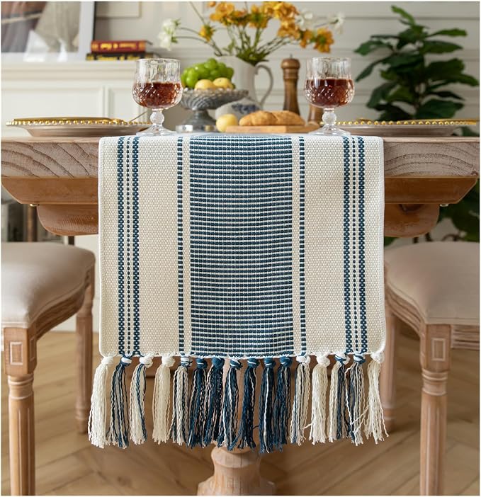 Caflife Boho Table Runner Blue and White for Modern Farmhouse Decor, Natural Cotton Woven Runner with Tassels for Home Dining Table décor 13 x 72 Inch Long