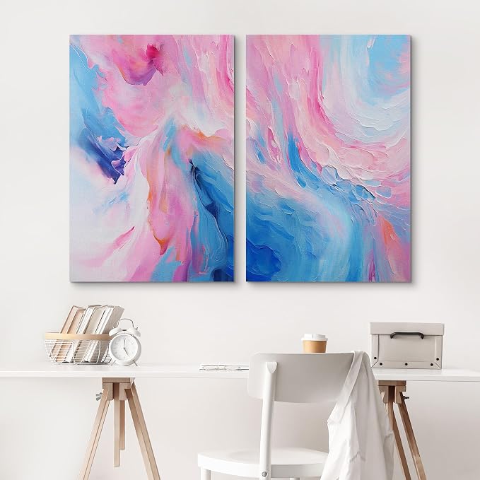 SIGNLEADER Canvas Print Wall Art Set Serene Pink and Blue Swirls Calming Abstract Illustrations Modern Relax/Calm Multicolor for Living Room, Bedroom, Office - 16"x24" x 2