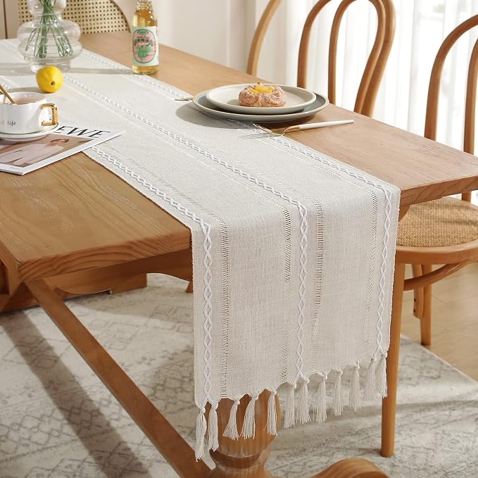 Rustic Boho Table Runner, Farmhouse Table Runners 108 Inches Long for Kitchen Dining Room, 13x108 Inches, Ivory