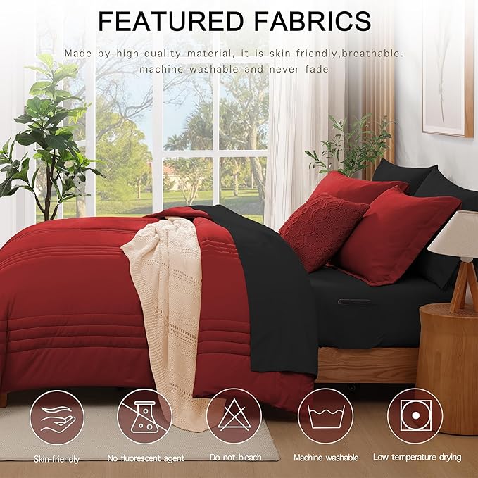 Monbix Full Comforter Set - 7 Pieces Bright Red Bed in a Bag Full Size Bedding Sets with Comforters, All Seasons Comforter with Sheets, Pillowcases & Shams