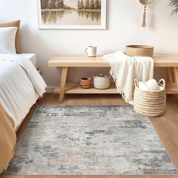 UERMEI Square Area Rugs : Washable 5x5 Neutral Modern Abstract Carpet for Living Room Bedroom - Soft Floor Mat with Non Slip Backing for Kitchen Nursery Dorms Farmhouse Home Decor - Blue Grey