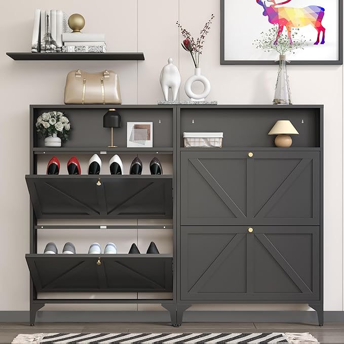 Shoe Storage Cabinet for Entryway with 2 Flip Drawers, Freestanding Shoe Organizer with Legs,Farmhouse Narrow Shoe Storage Cabinet for Entryway, Foyer,Living Room (2-Drawers, Black)