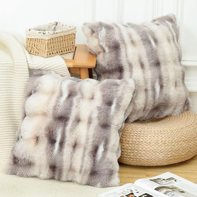 MADIZZ Pack of 2 Thick Plush Faux Wool Throw Pillow Covers Soft Boho Throw Pillows Luxurious Cushion Covers for Couch Sofa Bedroom Living Room Home Decor 20x20 Inch Grey Taupe
