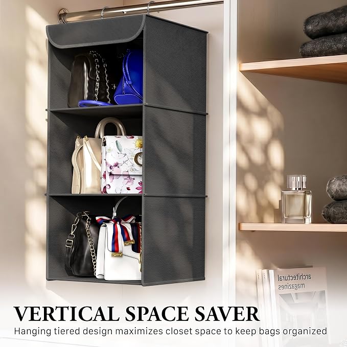 Simple Houseware 3-Shelf Hanging Closet Organizer, Fabric Storage Shelves with 57L Capacity, Dark Gray