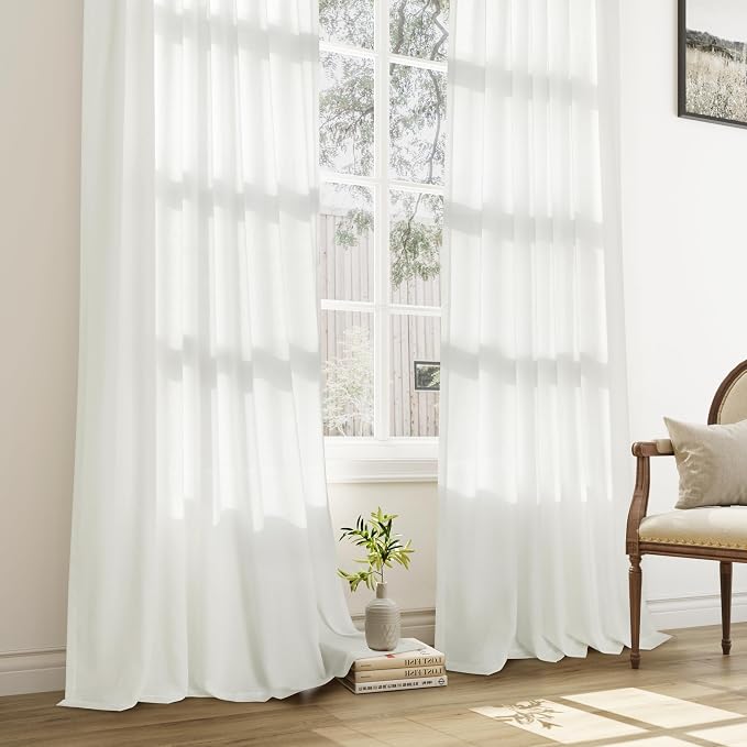 Aersas Ivory White Pinch Pleat Linen Curtains 120 Inch Length 2 Panels Set for Bedroom Dinging Room Semi Sheer Boho Farmhouse Neutral Window Curtains 120 Inches Long for Living Room Nursery 40x120