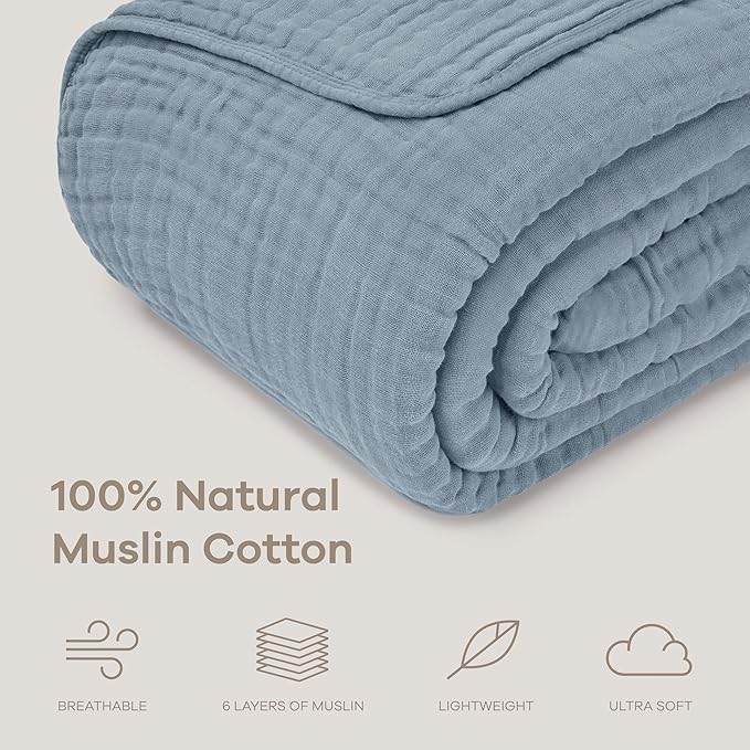 Comfy Cubs Muslin Blanket for Adults Queen 90" x 90" - 6 Layer Soft, Breathable & Lightweight Muslin Adult Blanket - Machine Washable & Designed in The US Bedding for All Seasons - Pacific Blue