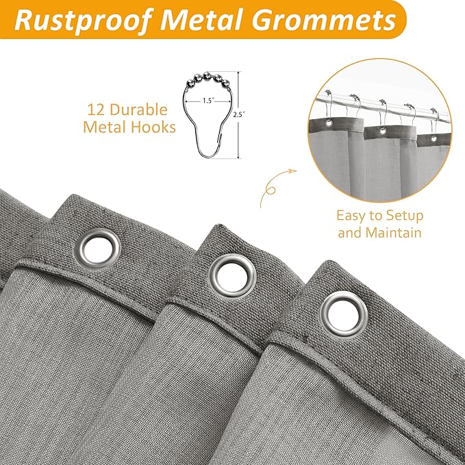 Naturoom Long Shower Curtain 84 Length Linen Thick Cloth Bath Grey Shower Curtain Set with Liner, Tall Modern Farmhouse Neutral Fabric Men Curtains for Bathroom, Mesh Top Window, Gray