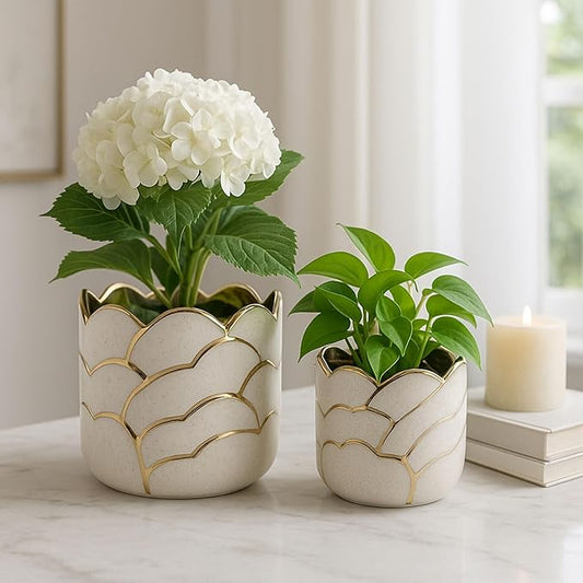 Modern Decorative Home Decor Planters for Flower Pots - Ideal for Indoor and Outdoor Plants for House Decor - Plant Pots for Garden Accent or Plant Stand Indoor - Set of 2, 7", 5", Ivory & Gold