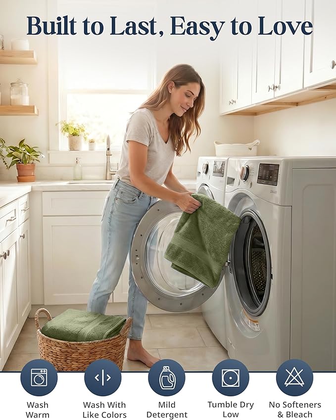 LANE LINEN Luxury Cotton Bath Towel Pack of 6 - Softer, Highly Absorbent & Durable - 2 Bath, 2 Wash cloths, 2 Hand Towels for Bathroom - Premium Look, Spa Quality, Solid Dyed Towels - Oil Green