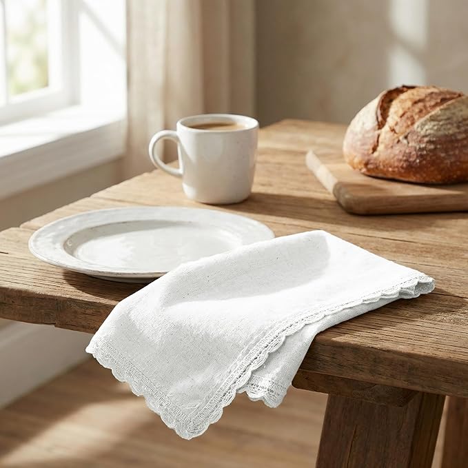 Flax Lace Cloth Dinner Napkins Set of 12 White - 20x20 Inches, Decorative Premium Cotton Linen Dinning Table Napkin Ideal for Wedding,Cocktail Party | Soft Durable Neutral Napkins for Mother's Day