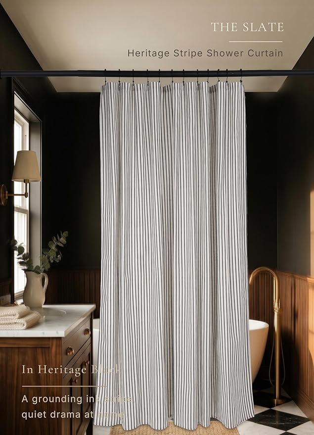Farmhouse Striped Shower Curtain - 72x84 Inches, Linen Blend Fabric, Breathable & Machine Washable, Rustic Black for Bathroom Decor (Hooks/Liner Not Included)