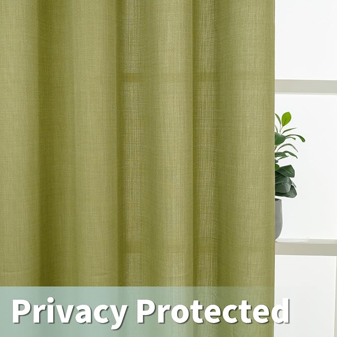 LAMIT Natural Faux Linen Curtains for Bedroom, Light Filtering Panels, Grommet Privacy Protected Linen Curtains for Small Window/Kids' Room, 2 Panels (52 x 102 Inch, Moss Green)