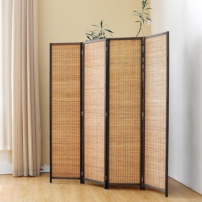 4 Panel Bamboo Room Divider Screen,5.6 FT Tall Bamboo Divider Folding Panel Screen,Freestanding Panel Divider for Room Seperation,Brown