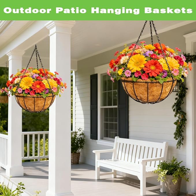 2 Pack 12 Inch Black Metal Hanging Basket Hanging Planter with Coco Coir Liner Heavy Duty Hanging Flower Pot Holder for Indoor Outdoor Patio Garden Porch Balcony Decor (Watermelon)