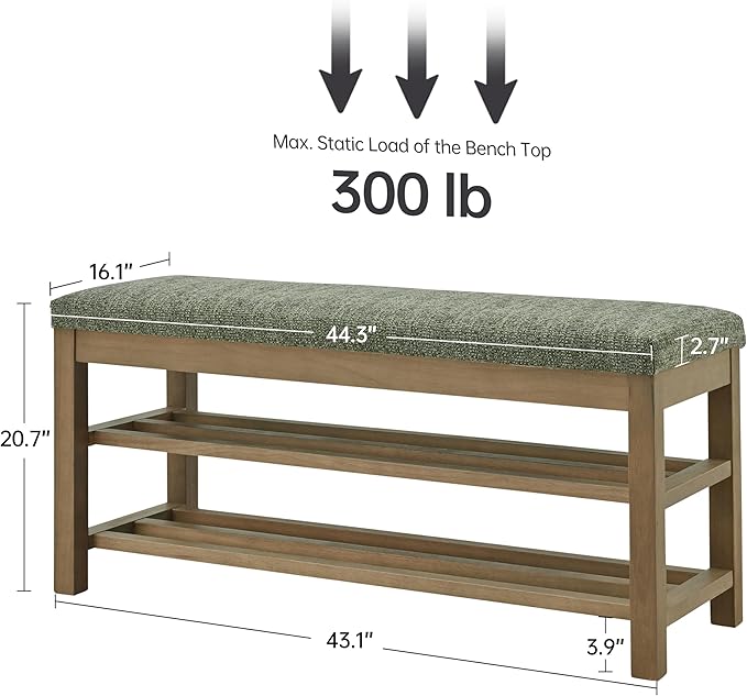 VKNOW 44.3” Wooden Entryway Bench, 2-Tier Upholstered Shoe Bench for Bedroom, Storage End of Bed Bench with Rubberwood Legs for Living Room, Hallway, Green