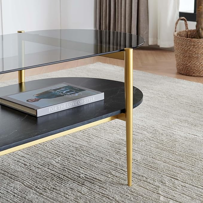 LumFurn Oval Glass Coffee Table, Mid-Century Modern Design, L41 x W21 x H17 inch, for Living Room, Grey Glass Top, Black Marble Finish Wood Shelf & Gold Finish Frame