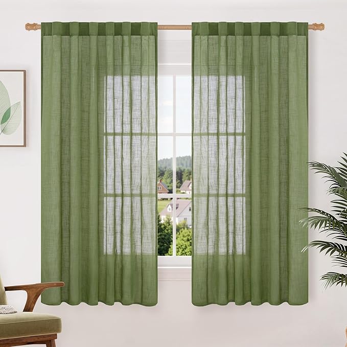 LAMIT Linen Semi Sheer Curtains 63 Inch Length 2 Panels Set, Sage Green Light Filtering Neutral Boho Panels Back Tab and Rod Pocket Bedroom Drapes for Living Room/Farmhouse/Room Decor, 52 x 63 Inch
