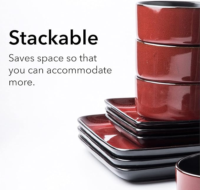 Arora FLACKAR Square Stoneware 16pc Double Bowl Dinnerware Set for 4, Dinner Plates, Side Plates, Cereal Bowls, Pasta Bowls - Reactive Glaze Red (480349)