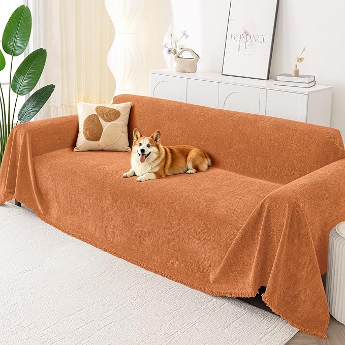 Smiry Couch Cover for Dogs, Washable Chenille Sofa Covers for 3 Cushion Couch, Soft Sofa Slipcover for Pets, Thick Sectional Furniture Protector with Tassels (Orange, 88.5x134 Inch)