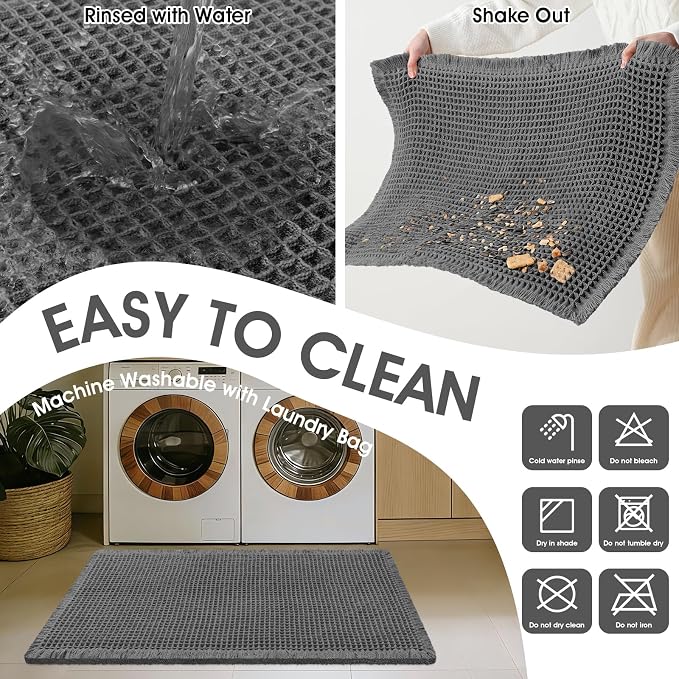 ACCUMTEK Extra Large Waffle Bath Mat, 5'x2' Grey, Super Absorbent Non-Slip Quick Dry Bathroom Rugs with Tassels, Machine Washable Ultra Soft Boho Bath Rugs for Floor, Toilet Mats Boho Farmhouse Decor